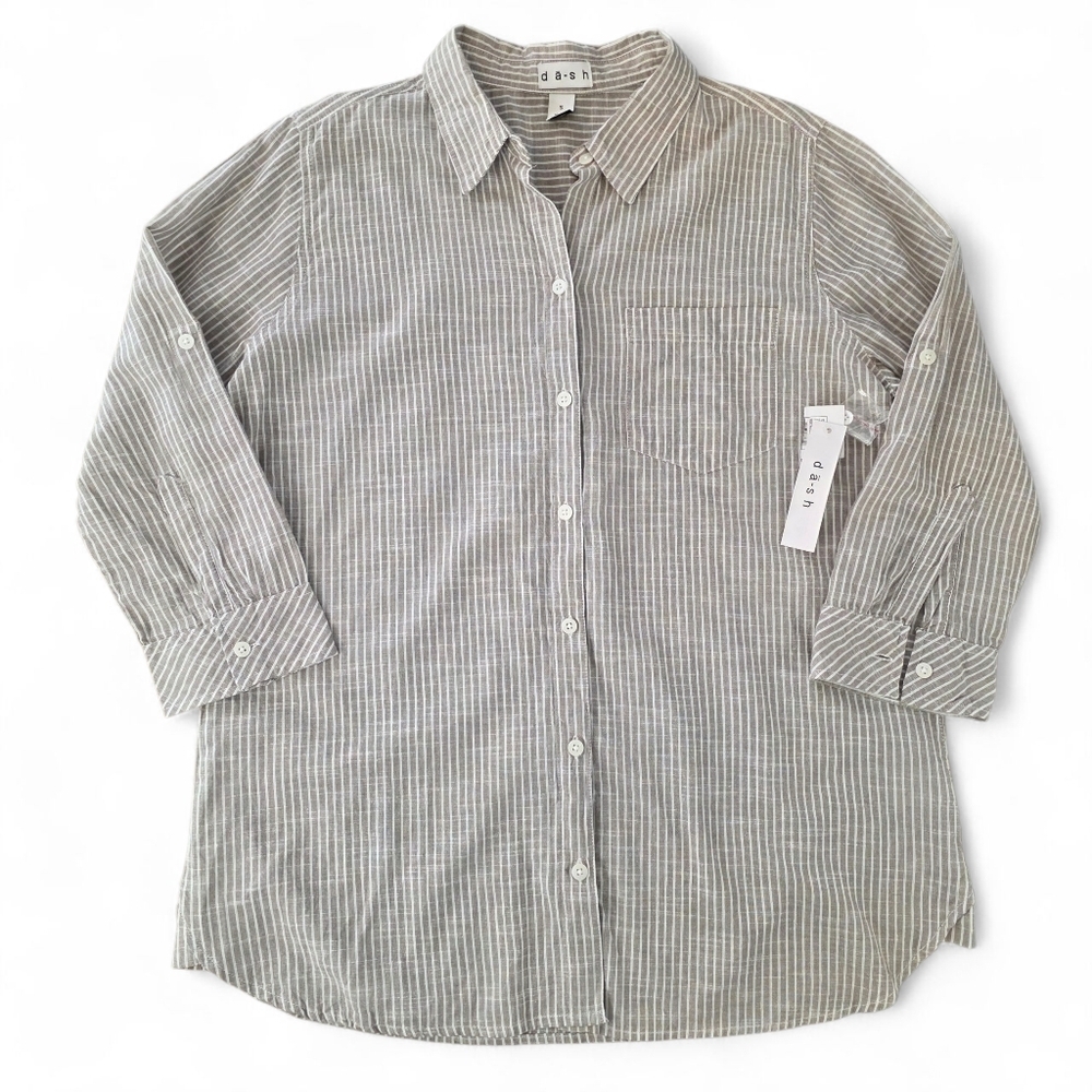 Dash NWT Taupe Striped Cotton 3/4 Sleeve Roll Tab Button Front Shirt Women S
